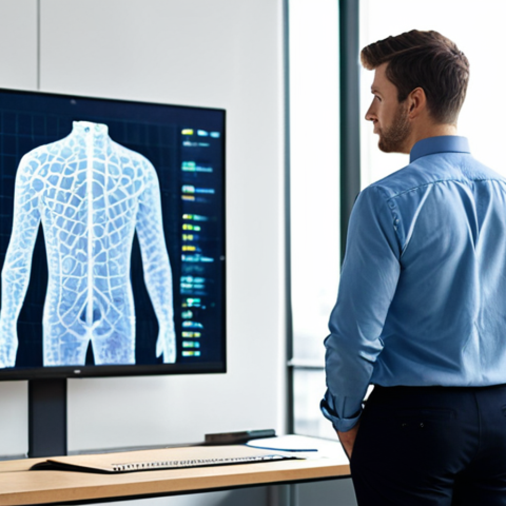 A professional, confident young man, fully clothed in a modest business casual shirt and dark trousers, standing in a bright, modern IT office environment. He is engaging with a large interactive digital screen, displaying abstract code or data visualizations. The background features blurred, collaborative workspaces and large windows. Professional photography, high detail, perfect anatomy, correct proportions, natural pose, well-formed hands, proper finger count, natural body proportions, safe for work, appropriate content, fully clothed, professional dress, appropriate attire.