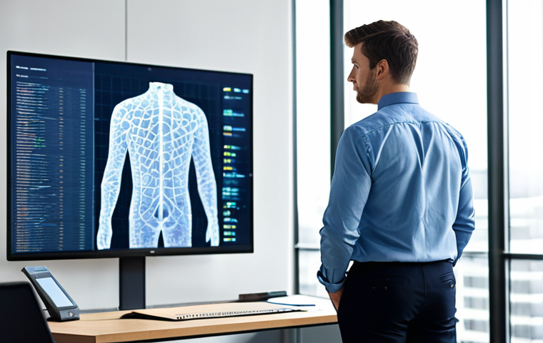 A professional, confident young man, fully clothed in a modest business casual shirt and dark trousers, standing in a bright, modern IT office environment. He is engaging with a large interactive digital screen, displaying abstract code or data visualizations. The background features blurred, collaborative workspaces and large windows. Professional photography, high detail, perfect anatomy, correct proportions, natural pose, well-formed hands, proper finger count, natural body proportions, safe for work, appropriate content, fully clothed, professional dress, appropriate attire.