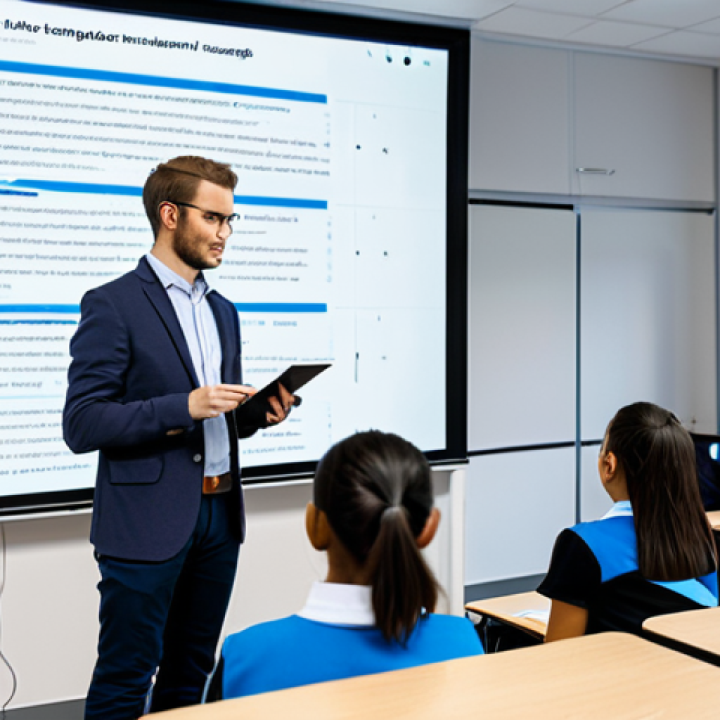 A professional coding instructor, a man in a modest business casual outfit, stands confidently in front of a large digital screen displaying code, actively explaining a concept to a small group of engaged students. The modern classroom environment is bright and conducive to learning, with ergonomic desks and contemporary decor. The students are fully clothed in appropriate attire, taking notes and looking attentive. The scene emphasizes interactive teaching and student participation. safe for work, appropriate content, fully clothed, professional, perfect anatomy, correct proportions, natural pose, well-formed hands, proper finger count, natural body proportions, professional photography, high quality.