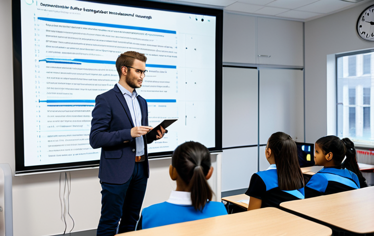 A professional coding instructor, a man in a modest business casual outfit, stands confidently in front of a large digital screen displaying code, actively explaining a concept to a small group of engaged students. The modern classroom environment is bright and conducive to learning, with ergonomic desks and contemporary decor. The students are fully clothed in appropriate attire, taking notes and looking attentive. The scene emphasizes interactive teaching and student participation. safe for work, appropriate content, fully clothed, professional, perfect anatomy, correct proportions, natural pose, well-formed hands, proper finger count, natural body proportions, professional photography, high quality.