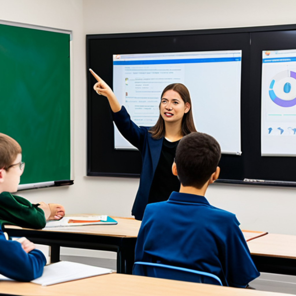 A professional female programming teacher, fully clothed in a modest business casual outfit, interacts with a small group of diverse students (teens/young adults) in a bright, modern classroom. The students are attentively looking at screens or a whiteboard, engaged in a coding exercise. The teacher is pointing to a screen, guiding them with a natural and encouraging pose. The classroom features clean desks, computers, and educational posters in the background. The image has perfect anatomy, correct proportions, well-formed hands, and proper finger count. It is a high-quality professional photograph, safe for work, appropriate content, fully clothed, and family-friendly.