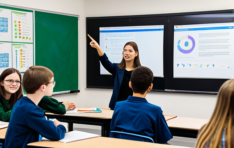 A professional female programming teacher, fully clothed in a modest business casual outfit, interacts with a small group of diverse students (teens/young adults) in a bright, modern classroom. The students are attentively looking at screens or a whiteboard, engaged in a coding exercise. The teacher is pointing to a screen, guiding them with a natural and encouraging pose. The classroom features clean desks, computers, and educational posters in the background. The image has perfect anatomy, correct proportions, well-formed hands, and proper finger count. It is a high-quality professional photograph, safe for work, appropriate content, fully clothed, and family-friendly.
