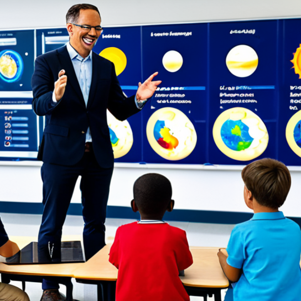 A professional coding teacher, fully clothed in appropriate attire, enthusiastically engaging with a diverse group of school-aged children in a brightly lit, modern classroom. The children, fully clothed in modest, everyday attire, are gathered around a large interactive screen displaying a colourful blend of code snippets and a vivid scientific simulation, such as a solar system model or a biological process. The scene emphasizes hands-on learning and collaborative discovery, with children looking engaged and inspired. perfect anatomy, correct proportions, natural pose, well-formed hands, proper finger count, natural body proportions, safe for work, appropriate content, fully clothed, family-friendly, professional photography, high quality, educational atmosphere.