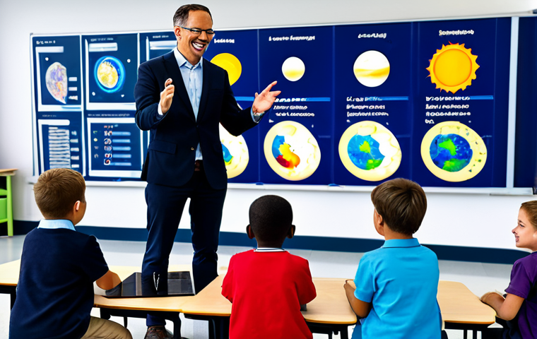 A professional coding teacher, fully clothed in appropriate attire, enthusiastically engaging with a diverse group of school-aged children in a brightly lit, modern classroom. The children, fully clothed in modest, everyday attire, are gathered around a large interactive screen displaying a colourful blend of code snippets and a vivid scientific simulation, such as a solar system model or a biological process. The scene emphasizes hands-on learning and collaborative discovery, with children looking engaged and inspired. perfect anatomy, correct proportions, natural pose, well-formed hands, proper finger count, natural body proportions, safe for work, appropriate content, fully clothed, family-friendly, professional photography, high quality, educational atmosphere.