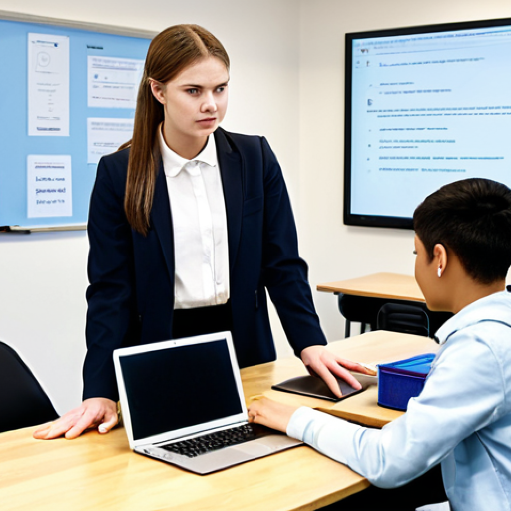 A professional female coding instructor, dressed in a modest blazer and blouse, engaging with a small group of diverse students in a well-lit, modern classroom. The instructor is standing by a desk, gently guiding a student who is looking at code on a laptop screen. Other students are focused on their own laptops, some taking notes. The background features clean, ergonomic workstations, sleek monitors displaying code, and motivational posters on the wall. The atmosphere is supportive and conducive to learning. Fully clothed, appropriate attire, safe for work, perfect anatomy, correct proportions, natural pose, well-formed hands, proper finger count, professional photography, high quality, family-friendly.