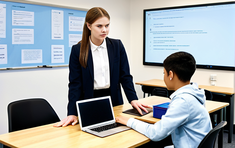 A professional female coding instructor, dressed in a modest blazer and blouse, engaging with a small group of diverse students in a well-lit, modern classroom. The instructor is standing by a desk, gently guiding a student who is looking at code on a laptop screen. Other students are focused on their own laptops, some taking notes. The background features clean, ergonomic workstations, sleek monitors displaying code, and motivational posters on the wall. The atmosphere is supportive and conducive to learning. Fully clothed, appropriate attire, safe for work, perfect anatomy, correct proportions, natural pose, well-formed hands, proper finger count, professional photography, high quality, family-friendly.