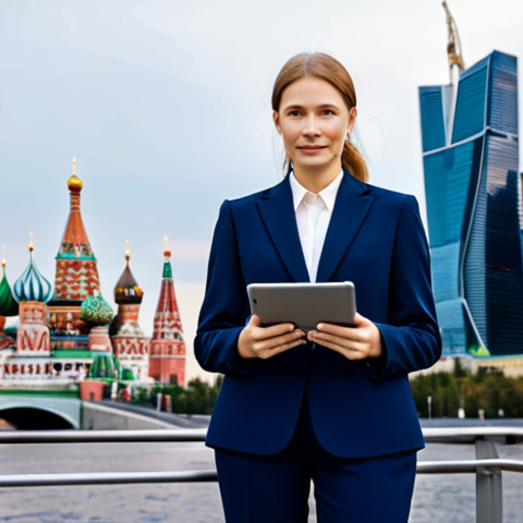 **
A professional businesswoman in a tailored navy blue suit, standing confidently in front of the Moscow City skyline. She's holding a tablet displaying a data visualization. The scene is brightly lit, emphasizing modern architecture and a sense of accomplishment. Fully clothed, appropriate attire, safe for work, perfect anatomy, natural proportions, professional, family-friendly.
**