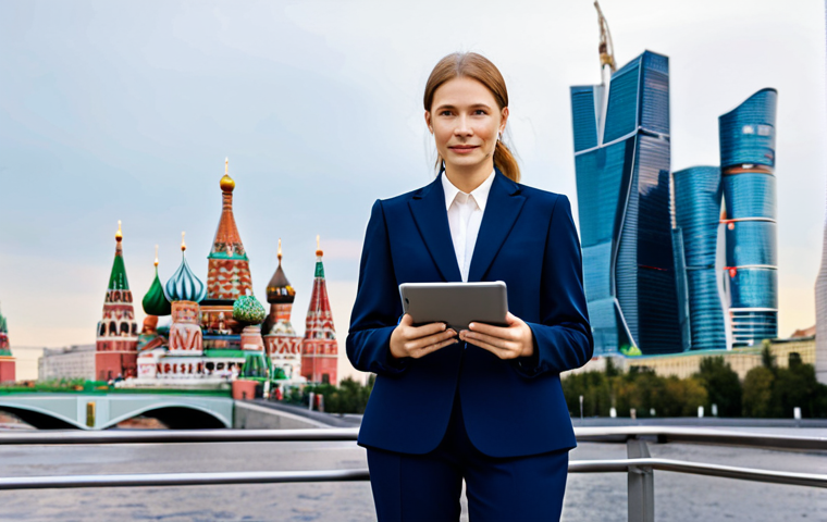 **

A professional businesswoman in a tailored navy blue suit, standing confidently in front of the Moscow City skyline. She's holding a tablet displaying a data visualization. The scene is brightly lit, emphasizing modern architecture and a sense of accomplishment. Fully clothed, appropriate attire, safe for work, perfect anatomy, natural proportions, professional, family-friendly.

**