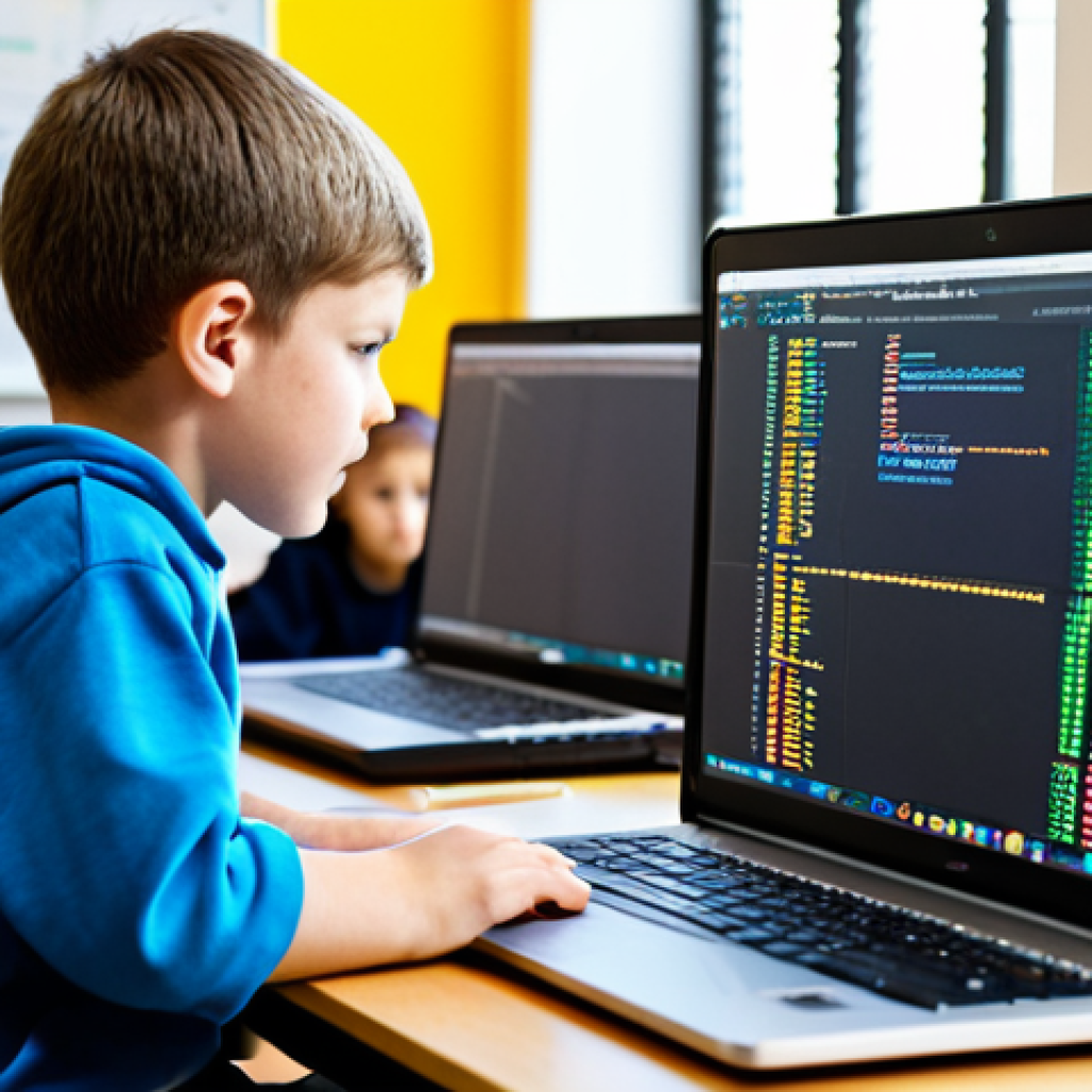 A Young Student Learning to Code**
"A bright and engaged young student (8-10 years old) sitting at a desk, working on a laptop with a colorful coding interface visible on the screen. The child is fully clothed in comfortable, everyday attire. The background is a modern, well-lit classroom with other children working on computers. The atmosphere is positive and encouraging. Safe for work, appropriate content, fully clothed, professional, family-friendly, perfect anatomy, correct proportions, natural pose, well-formed hands, proper finger count, natural body proportions."
**
