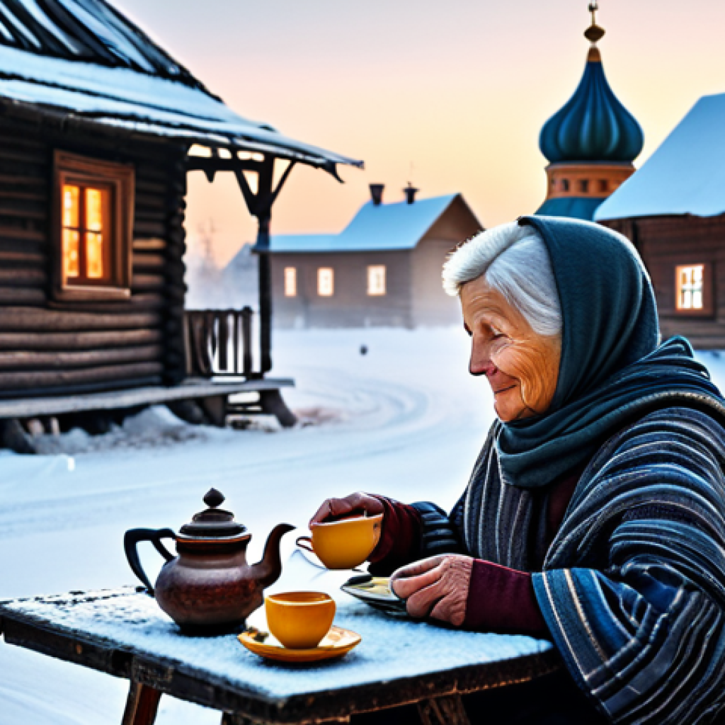 **Prompt:** A cozy winter scene in a Russian village. A babushka (grandmother) in a traditional shawl is sitting by a samovar, pouring tea. Snow-covered wooden houses in the background. Warm lighting, realistic painting style.
