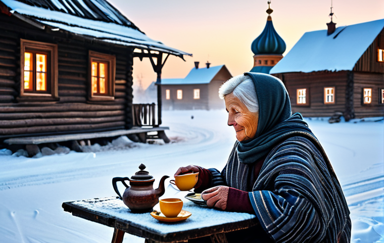 **Prompt:** A cozy winter scene in a Russian village. A babushka (grandmother) in a traditional shawl is sitting by a samovar, pouring tea. Snow-covered wooden houses in the background. Warm lighting, realistic painting style.