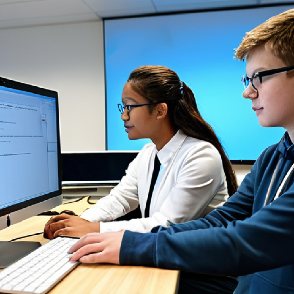 "A professional IT instructor, fully clothed in appropriate attire, mentoring a group of students in a brightly lit, modern computer lab. They are collaborating on a coding project, focused on a screen displaying lines of code. Safe for work, appropriate content, perfect anatomy, natural proportions, professional, family-friendly atmosphere, emphasizing teamwork and problem-solving, well-formed hands, proper finger count."