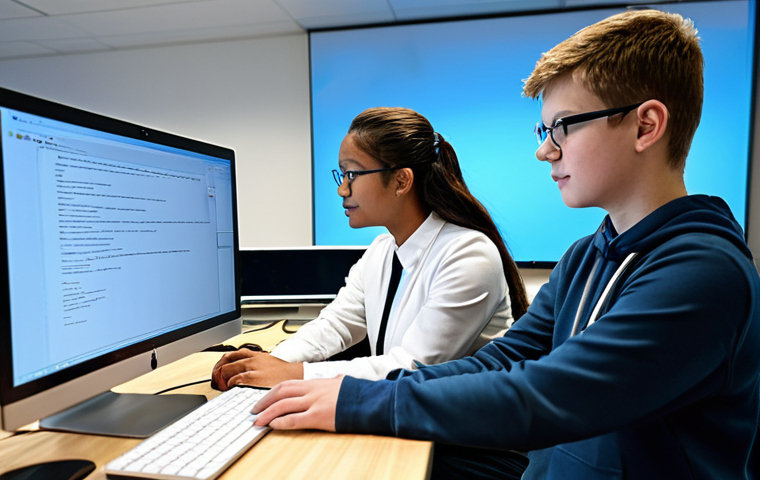 "A professional IT instructor, fully clothed in appropriate attire, mentoring a group of students in a brightly lit, modern computer lab. They are collaborating on a coding project, focused on a screen displaying lines of code. Safe for work, appropriate content, perfect anatomy, natural proportions, professional, family-friendly atmosphere, emphasizing teamwork and problem-solving, well-formed hands, proper finger count."