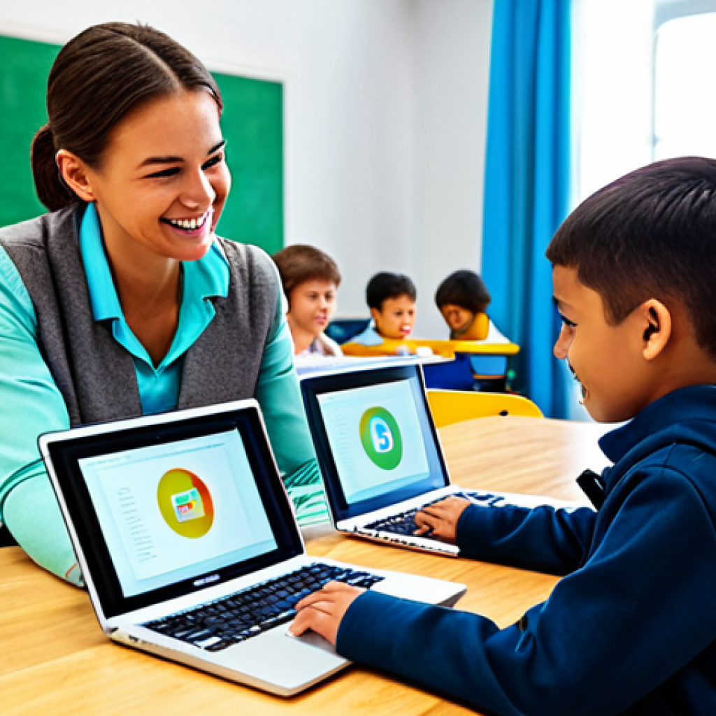 **
A bright and cheerful elementary school classroom, filled with fully clothed children actively participating in a coding lesson on laptops. The teacher, also fully clothed in professional attire, is assisting a student. The scene emphasizes teamwork and problem-solving, with colorful decorations and age-appropriate learning materials. safe for work, appropriate content, family-friendly, perfect anatomy, natural proportions, well-lit.
**