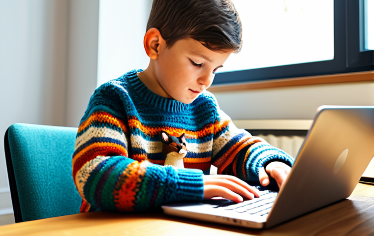 코딩교육지도사와 학습 목표 설정 사례 - A young boy, fully clothed in a comfortable, colorful sweater and jeans, sitting at a desk in a brig...