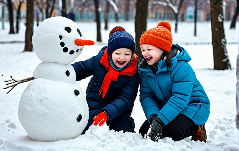 코딩교육지도사와 정규 교육 과정과의 융합 - **
A group of children, fully clothed in warm winter clothes, building a snowman in a snowy park in...