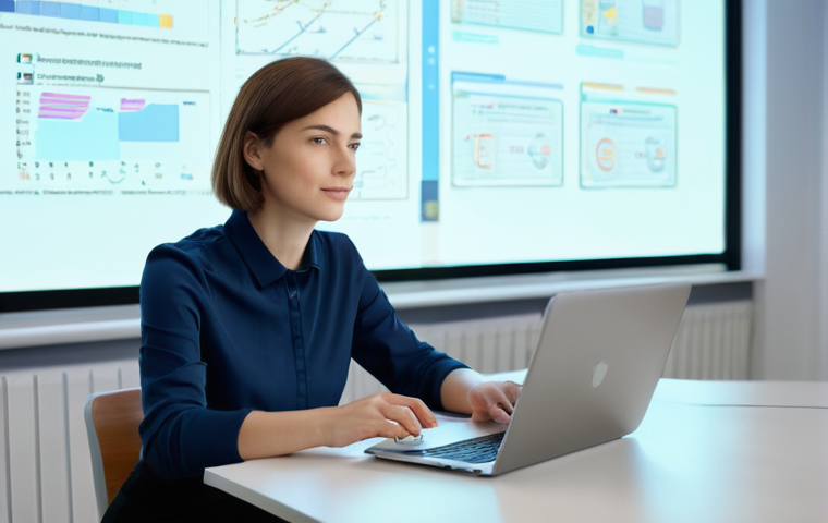 코딩교육지도사와 학습 지원 도구 활용 사례 - **A female teacher leveraging AI for lesson preparation in a modern Russian classroom.**
A dynam...