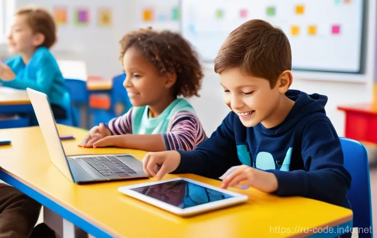 코딩교육지도사와 강의 교보재 활용 사례 - **Visual Programming Wonderland for Young Learners**
    "A vibrant, eye-level shot of a diverse gro...