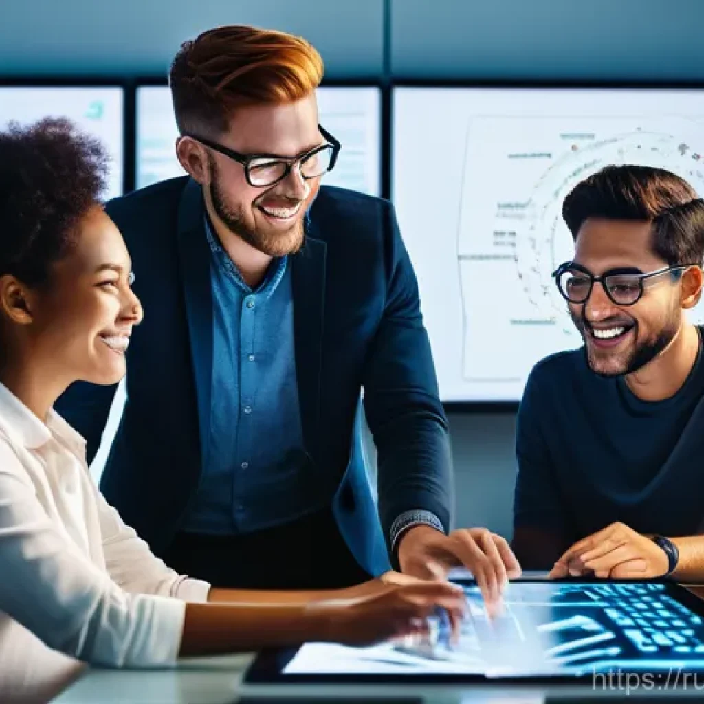 코딩교육지도사로서 팀워크 중심 수업 운영 - **Prompt:** A dynamic, diverse team of five software developers, men and women of various ethnicitie...