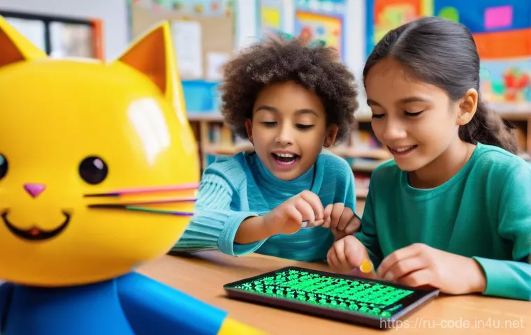 코딩교육지도사와 블록 기반 코딩 교육 사례 - **Prompt:** A vibrant, cheerfully lit classroom scene with three diverse children, approximately 6-9...