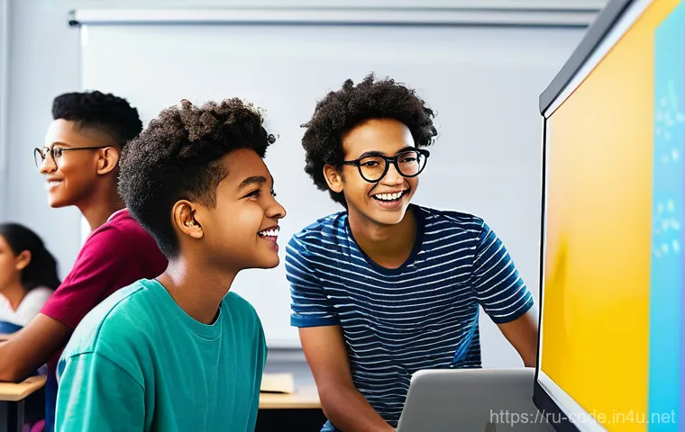 코딩교육지도사와 학습 자료 설계 사례 - **Prompt 1: "The First Spark of Code Discovery"**
A vibrant, medium shot image of a diverse grou...