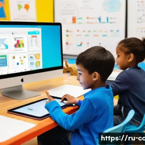 Home 33 코딩교육지도사로서 수업 계획서 작성 - **Prompt 1: Young Innovators with Visual Coding**
"A vibrant, brightly lit classroom scene fille...