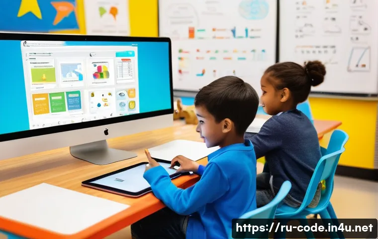 코딩교육지도사로서 수업 계획서 작성 - **Prompt 1: Young Innovators with Visual Coding**
"A vibrant, brightly lit classroom scene fille...