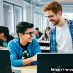 Home 19 코딩교육지도사 강의 활동의 장단점 - **Prompt 1: The Spark of Discovery in Code**
A vibrant, sunlit modern IT classroom in Moscow, Ru...